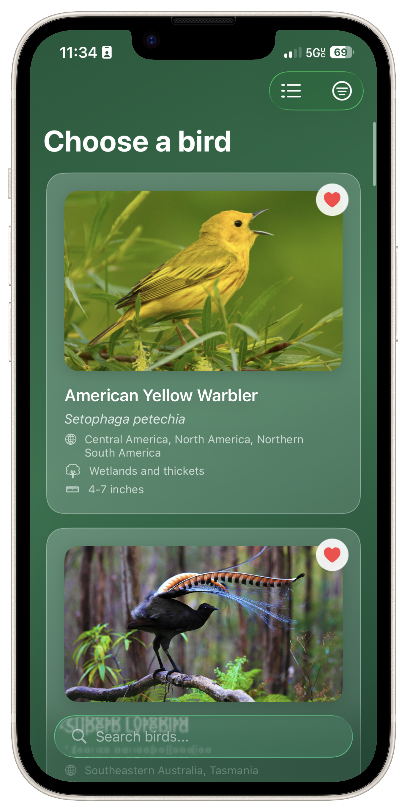 Chirp app bird list interface